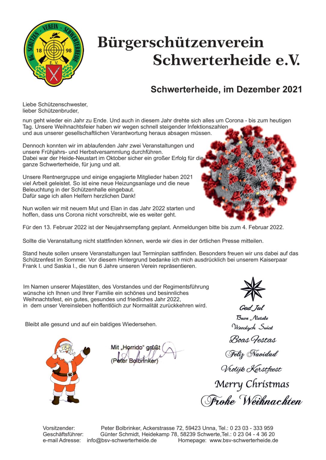 Weihnachtsbrief an alle Mitglieder BSV Schwerterheide e.V.